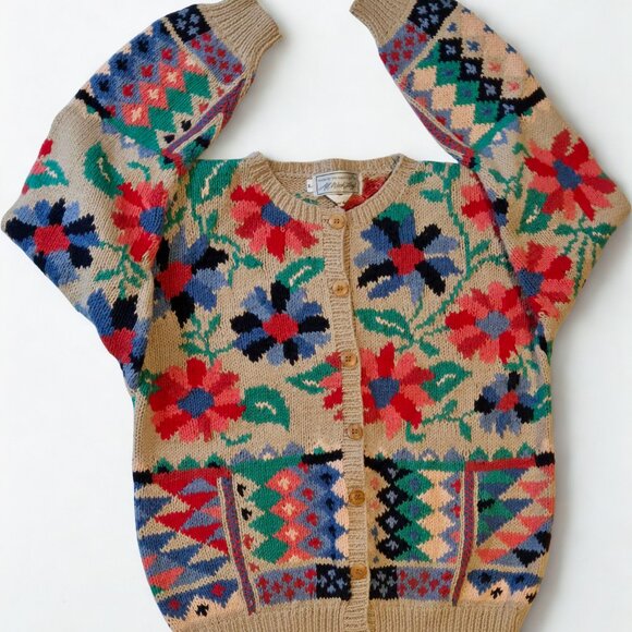 The Eagles Eye Floral Knit Sweater Wool Beige Retro Cottagecore Cardigan L - Picture 3 of 12
